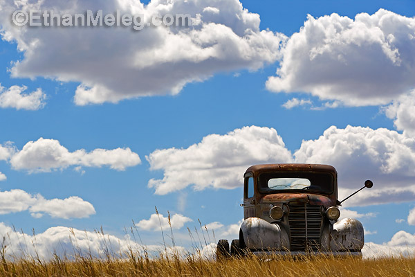 Abandoned truck in prairie landscape, southern Saskatchewan.